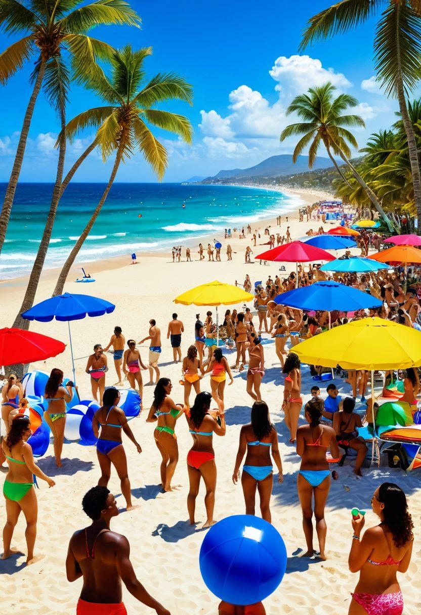 A vibrant beach scene filled with people of diverse backgrounds enjoying a lively beach party, wearing colorful bikinis, and engaging in various fun activities like beach volleyball and dancing. The background features a bright blue sky, tropical palm trees, and a lively ocean with splashing waves. Include cheerful decorations like beach balls and umbrellas to enhance the festive atmosphere. super-realistic. vibrant colors. sunny day.