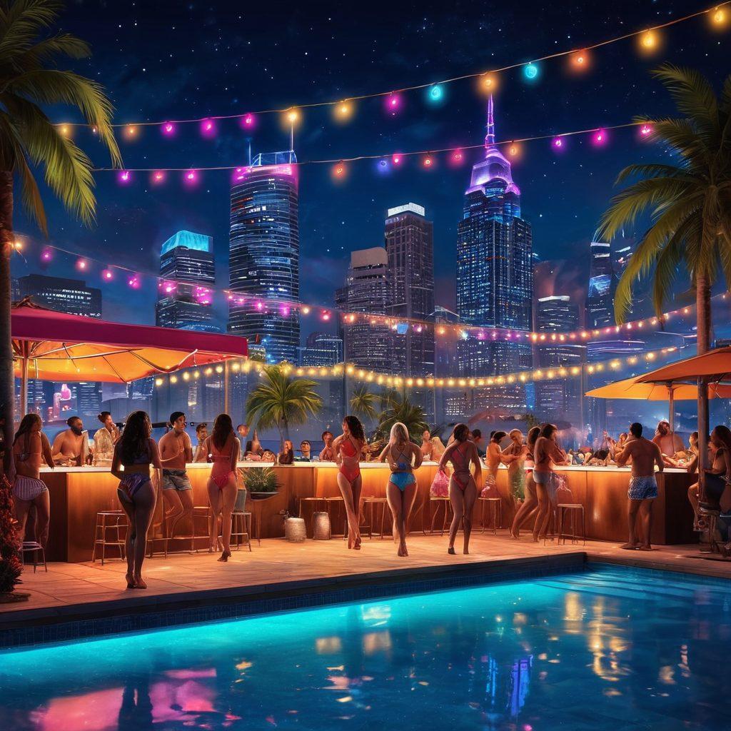 A vibrant nightlife scene by a poolside, featuring diverse groups of people in trendy swimwear dancing, laughing, and enjoying colorful cocktails under string lights. The atmosphere showcases inclusivity with a mix of cultures and styles, set against a backdrop of a dazzling city skyline at night. Add a splash of neon colors and a lively DJ booth to enhance the party vibes. super-realistic. vibrant colors. night scene.