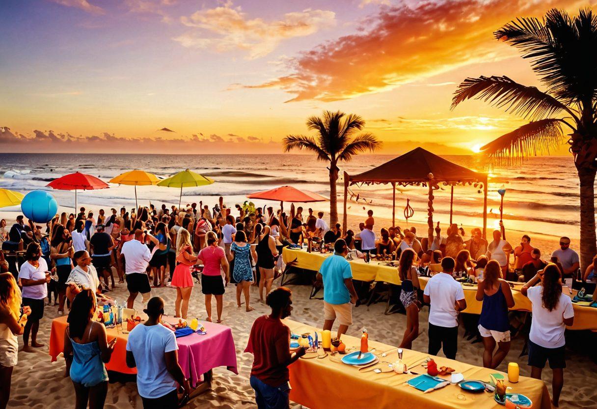 A lively beach scene filled with diverse adults enjoying a vibrant themed party, showcasing colorful beach decorations, tropical drinks, and a DJ booth in the background. The sun is setting, casting a warm golden glow, while people dance, laugh, and mingle by the shore. Surfboards and beach balls add to the festive atmosphere, inviting viewers to dive into the excitement of social events. bright colors. super-realistic. sunset backdrop.